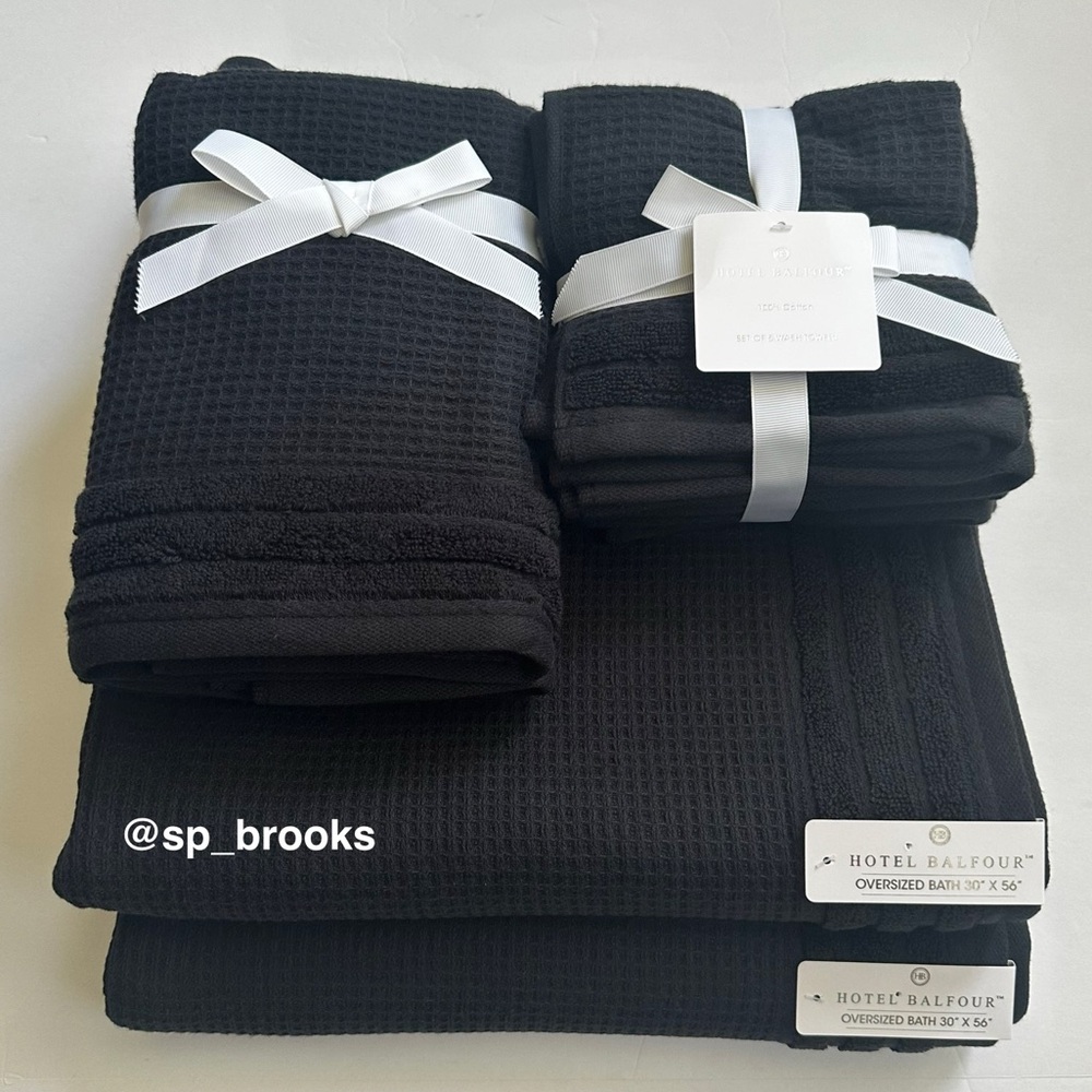 🎁9 PC Hotel Balfour Oversized Bath Towel Set - Cotton -Black Caviar Waffle